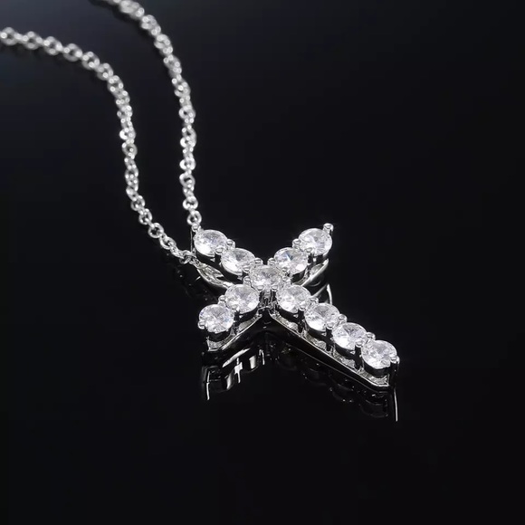 Silver Cross Neck Pendant Round Cut Crystal Religion Pendant on Chain - Picture 2 of 16